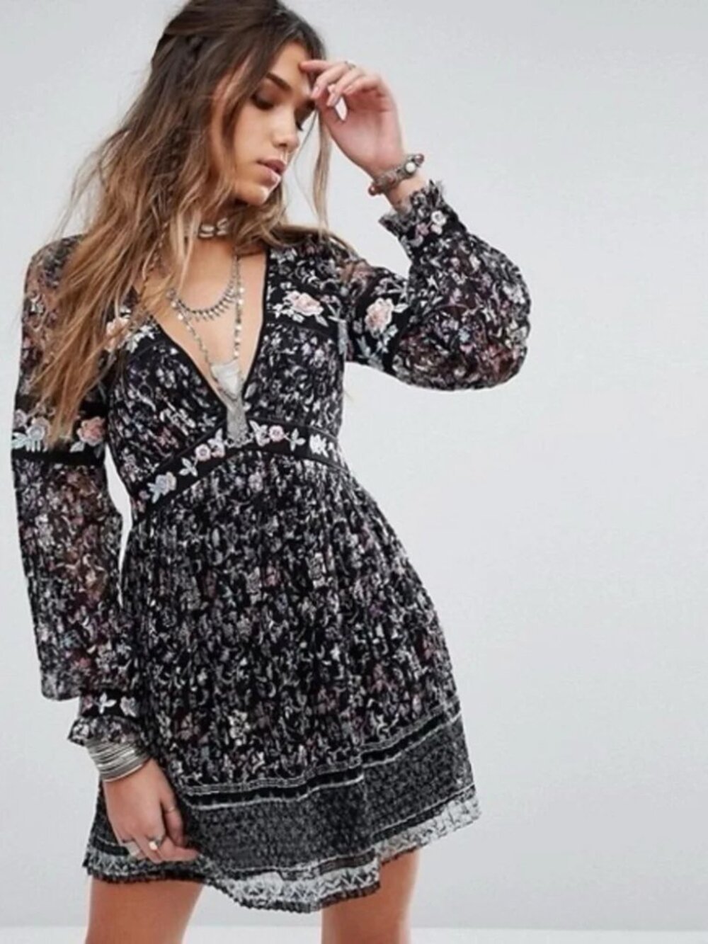 Free People Lace Floral Embroidery Dress 0 Boho Fairycore